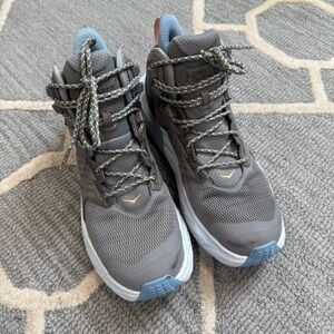 Hoka Gray and Blue Athletic Shoes with Breathable Mesh and Lightweight Design